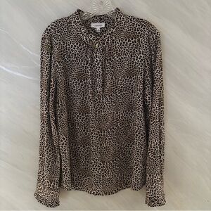 Calvin Klein XL Cheetah Print Ruffle Neck Long Sleeve 1/4 Button Blouse